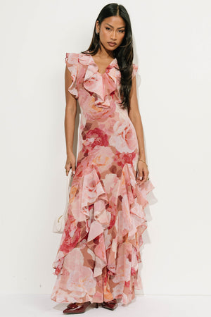 Lila Floral Ruffle Maxi Dress