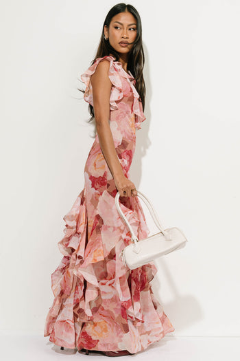Lila Floral Ruffle Maxi Dress