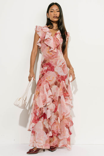 Lila Floral Ruffle Maxi Dress