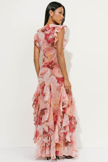 Lila Floral Ruffle Maxi Dress