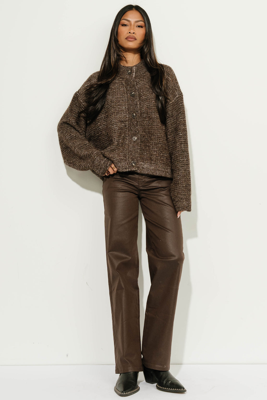 Manoella Marled Button Down Cardigan in Brown