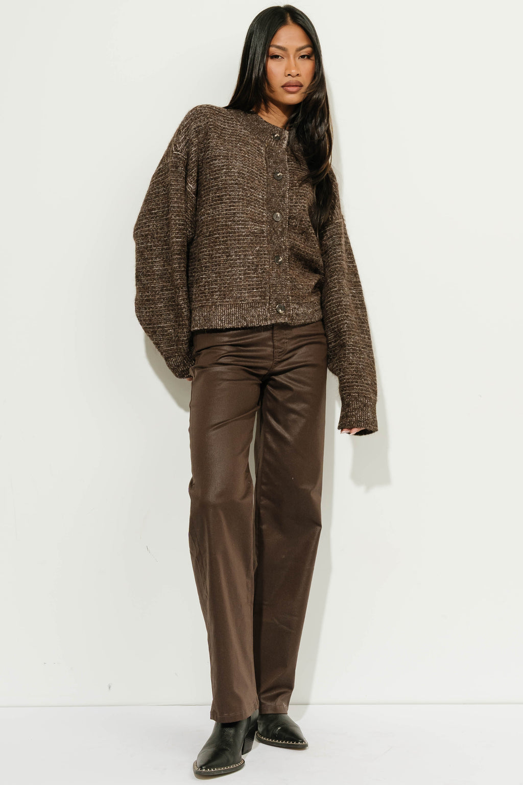 Manoella Marled Button Down Cardigan in Brown