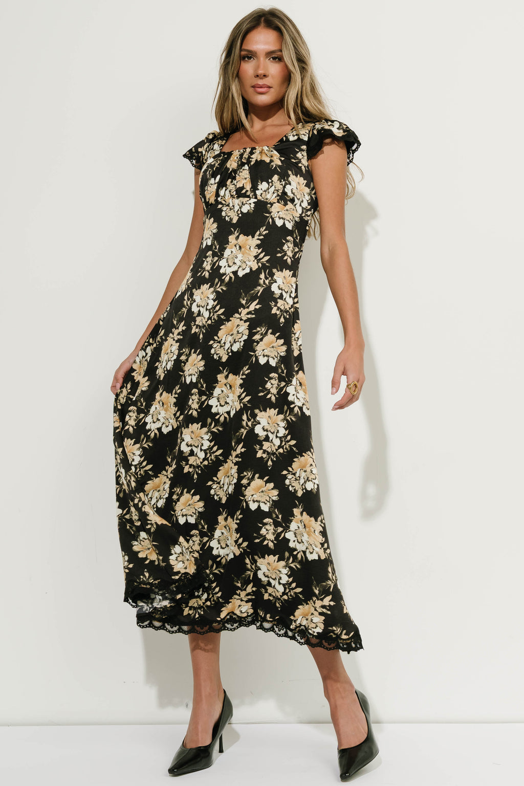 Lilian Floral Midi Dress in Black Multi