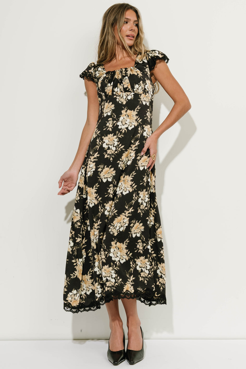 Lilian Floral Midi Dress in Black Multi