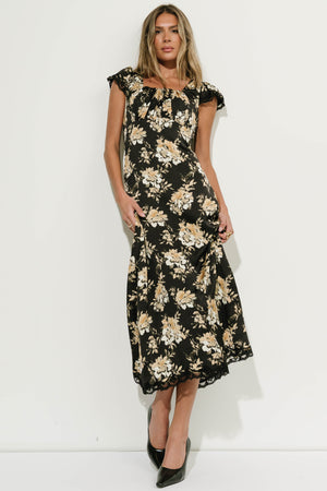 Lilian Floral Midi Dress in Black Multi