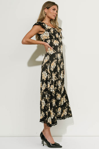 Lilian Floral Midi Dress in Black Multi