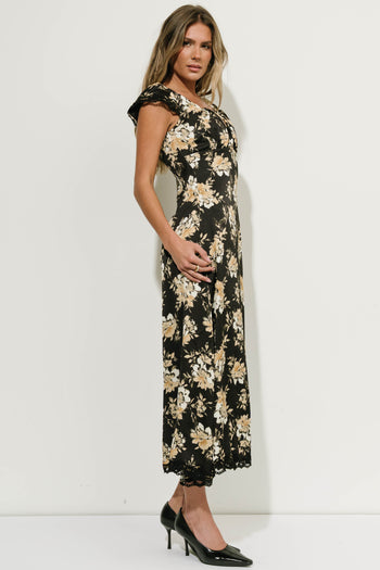 Lilian Floral Midi Dress in Black Multi