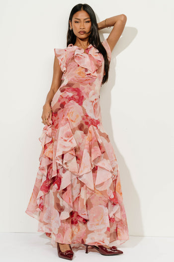 Lila Floral Ruffle Maxi Dress
