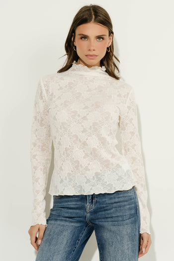 Zoe Lace Mock Neck Top In Oatmeal