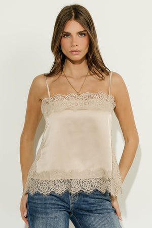 Cordelia Lace Trim Cami in Taupe