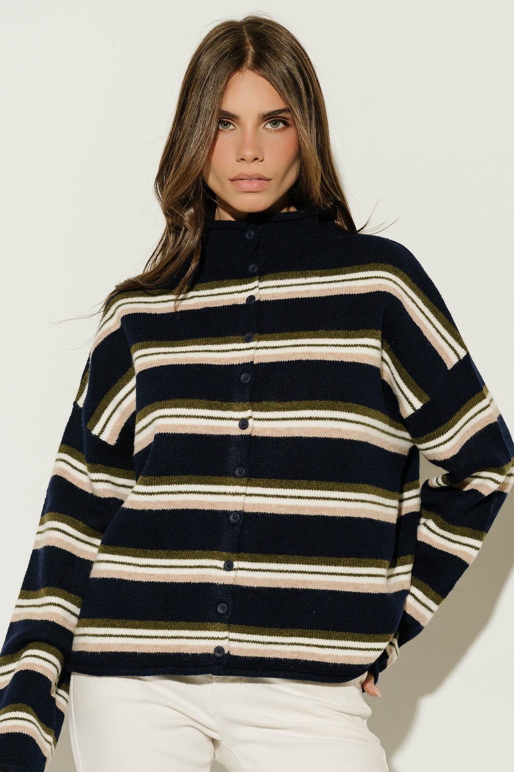 Hermione Striped Button Up Cardigan in Navy