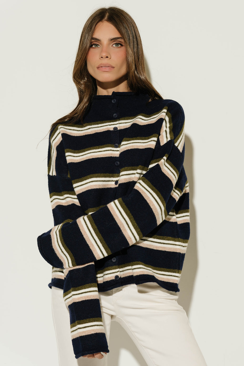 Hermione Striped Button Up Cardigan in Navy