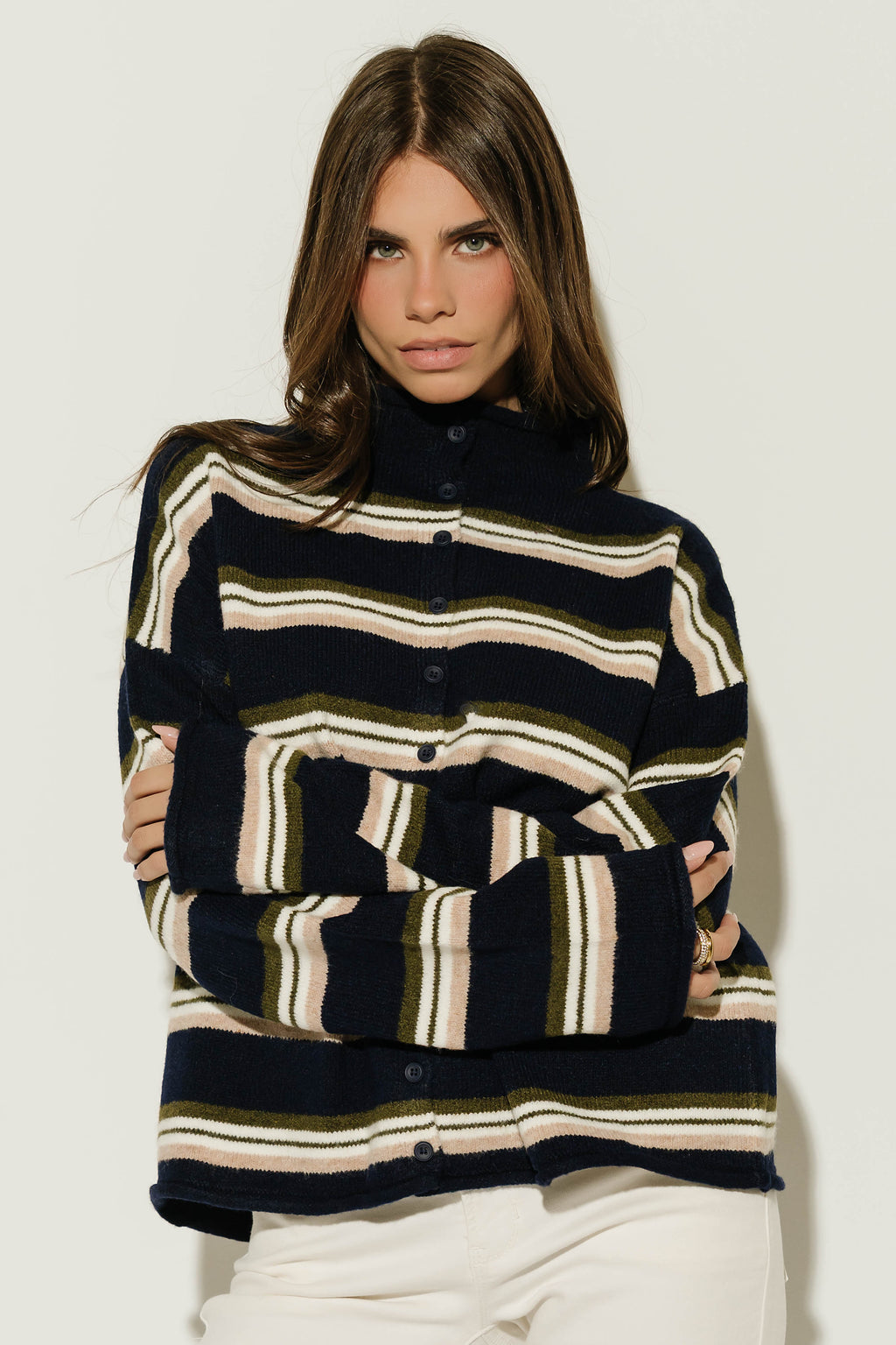 Hermione Striped Button Up Cardigan in Navy