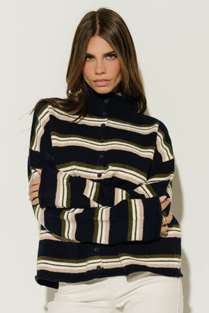 Hermione Striped Button Up Cardigan in Navy