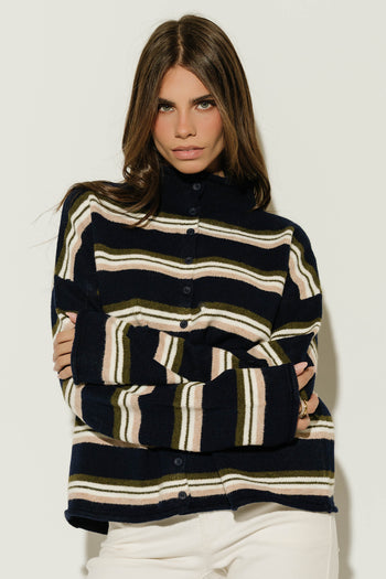 Hermione Striped Button Up Cardigan in Navy