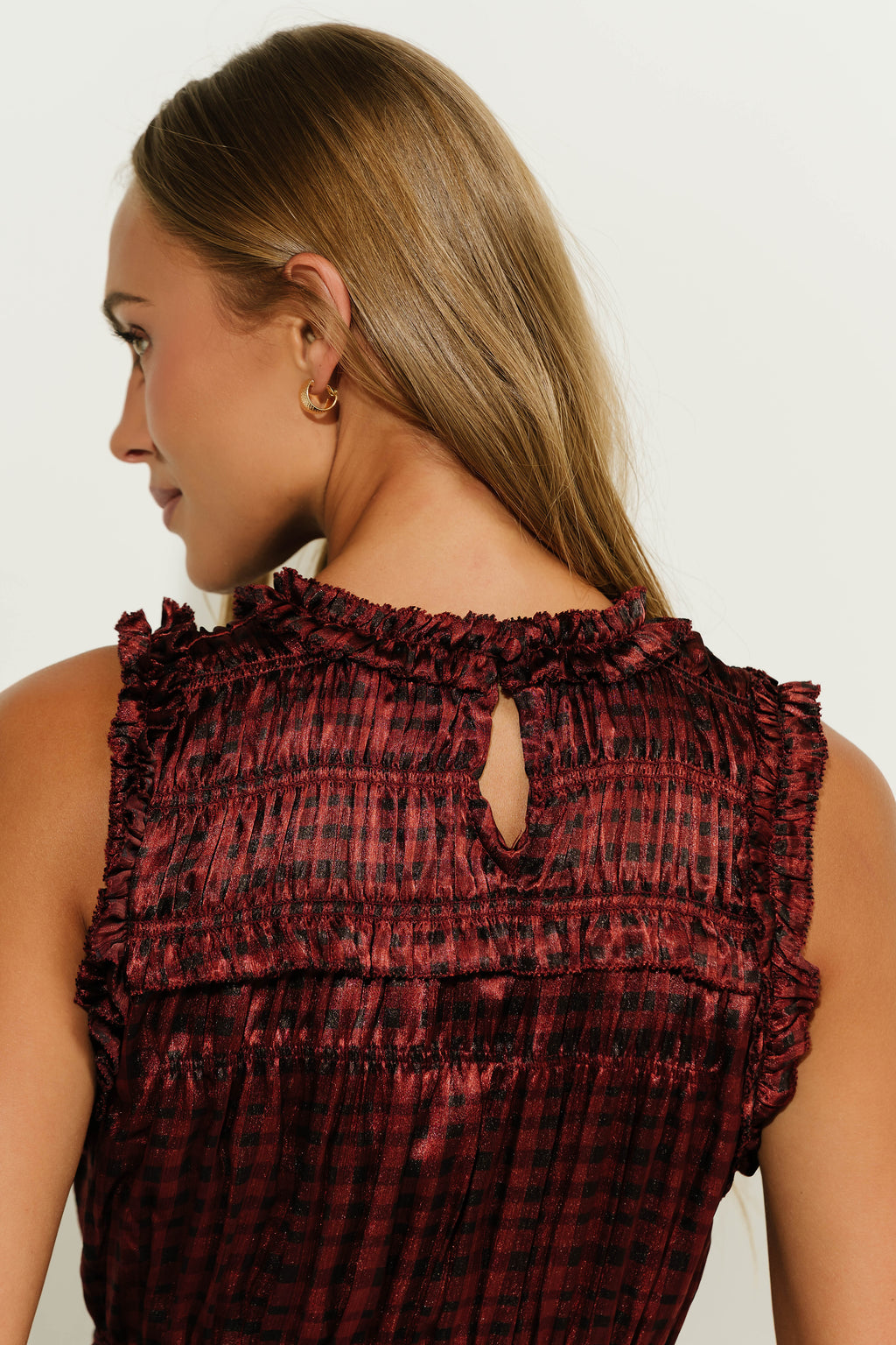 Zoe Plaid Ruffle Maxi Dress in Wine