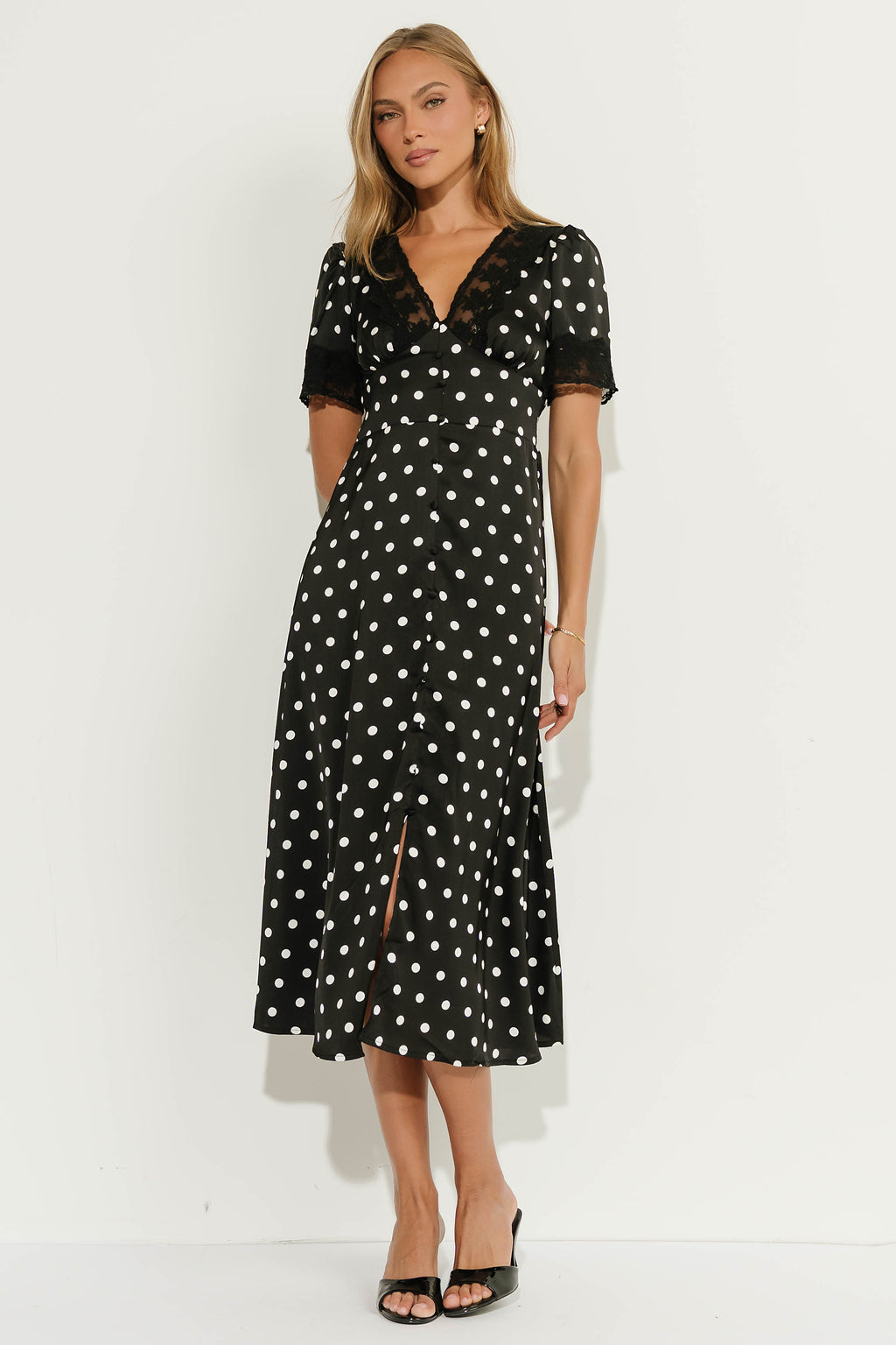 Sony Lace Trim Polka Dot Midi Dress