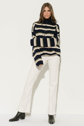 Hermione Striped Button Up Cardigan in Navy