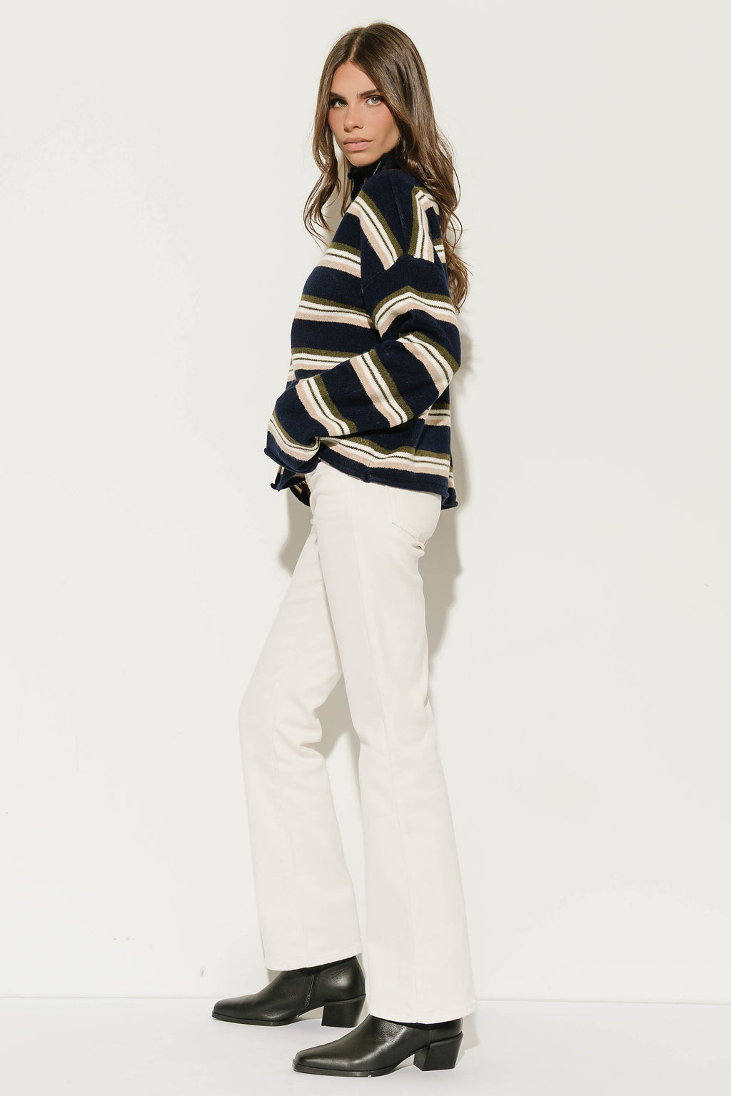 Hermione Striped Button Up Cardigan in Navy