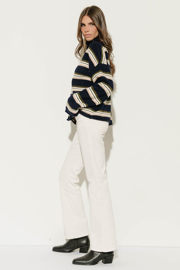 Hermione Striped Button Up Cardigan in Navy