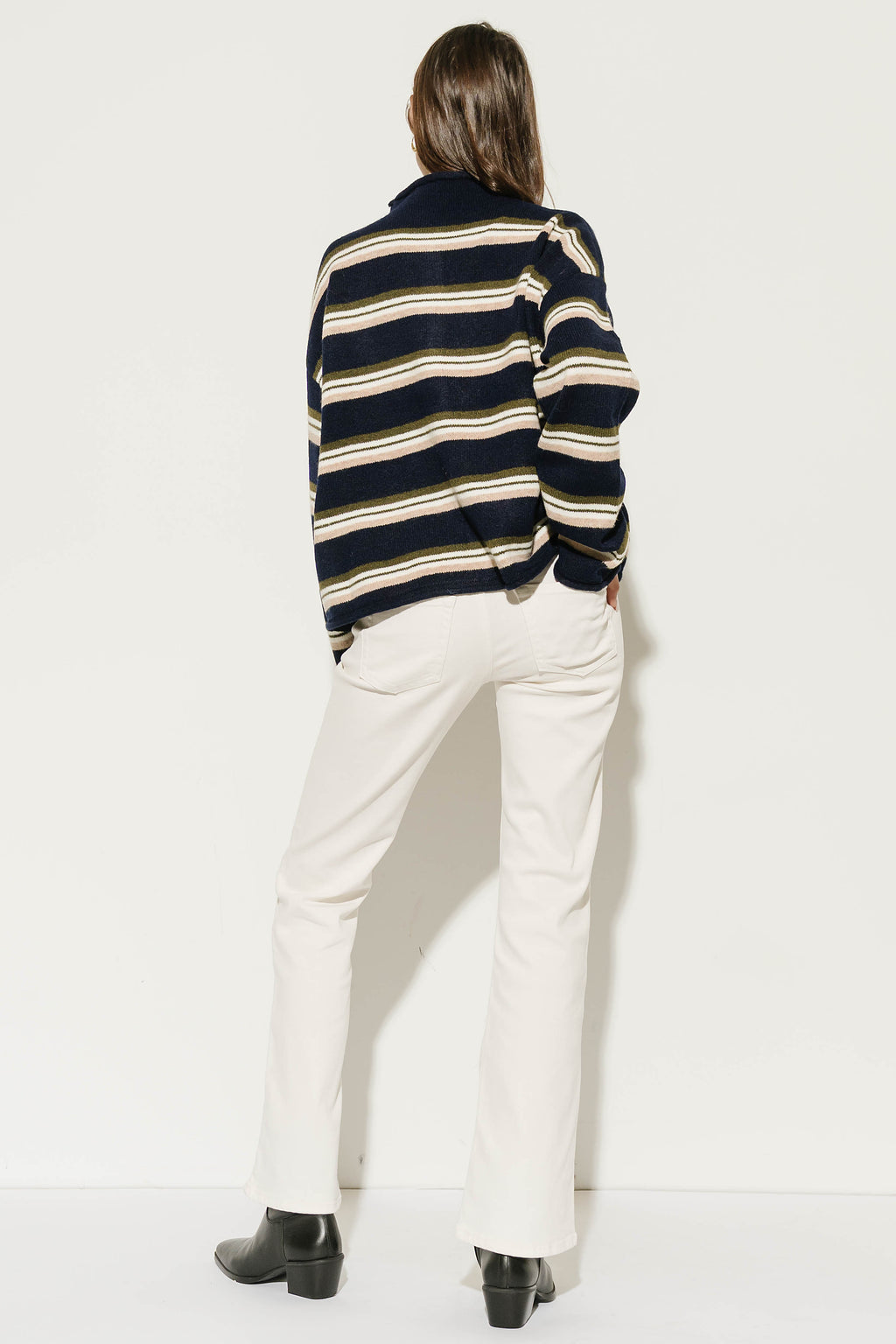 Hermione Striped Button Up Cardigan in Navy