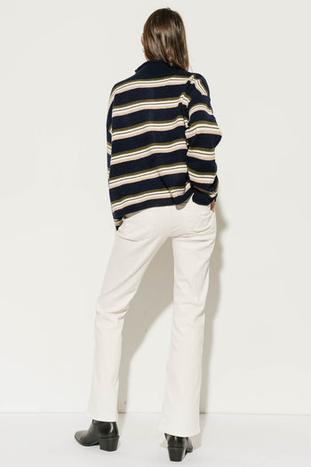 Hermione Striped Button Up Cardigan in Navy