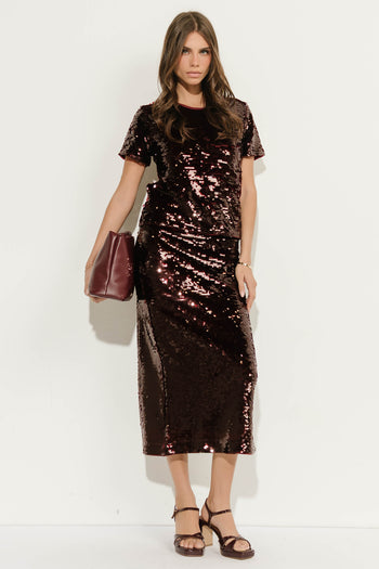 Presley Sequin Midi Skirt in Burgundy