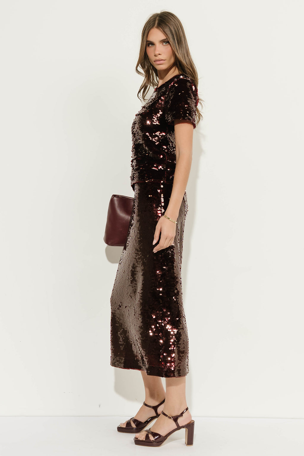 Presley Sequin Midi Skirt in Burgundy