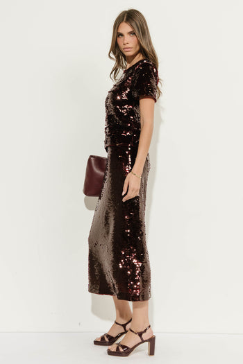 Presley Sequin Midi Skirt in Burgundy