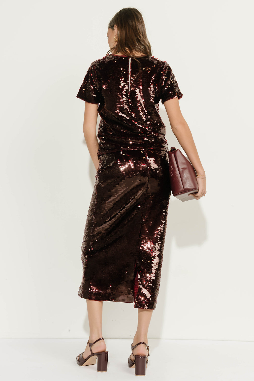 Presley Sequin Midi Skirt in Burgundy