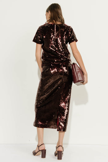 Presley Sequin Midi Skirt in Burgundy