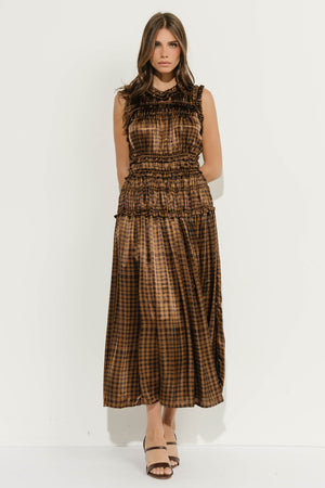 Zoe Plaid Ruffle Maxi Dress in Khaki