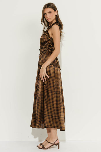 Zoe Plaid Ruffle Maxi Dress in Khaki