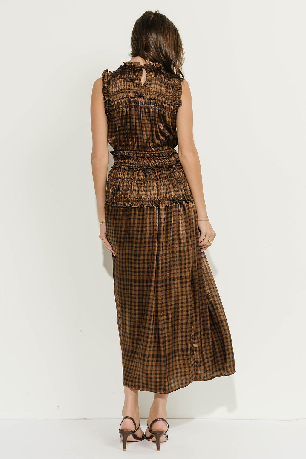 Zoe Plaid Ruffle Maxi Dress in Khaki