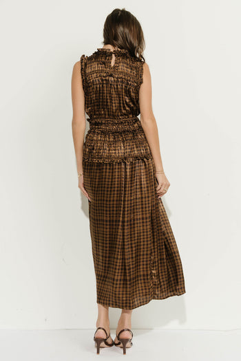 Zoe Plaid Ruffle Maxi Dress in Khaki