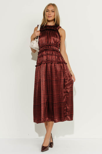 Zoe Plaid Ruffle Maxi Dress in Wine