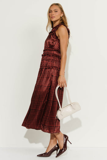 Zoe Plaid Ruffle Maxi Dress in Wine