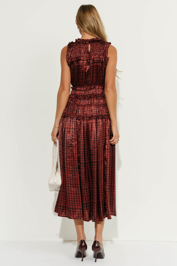 Zoe Plaid Ruffle Maxi Dress in Wine