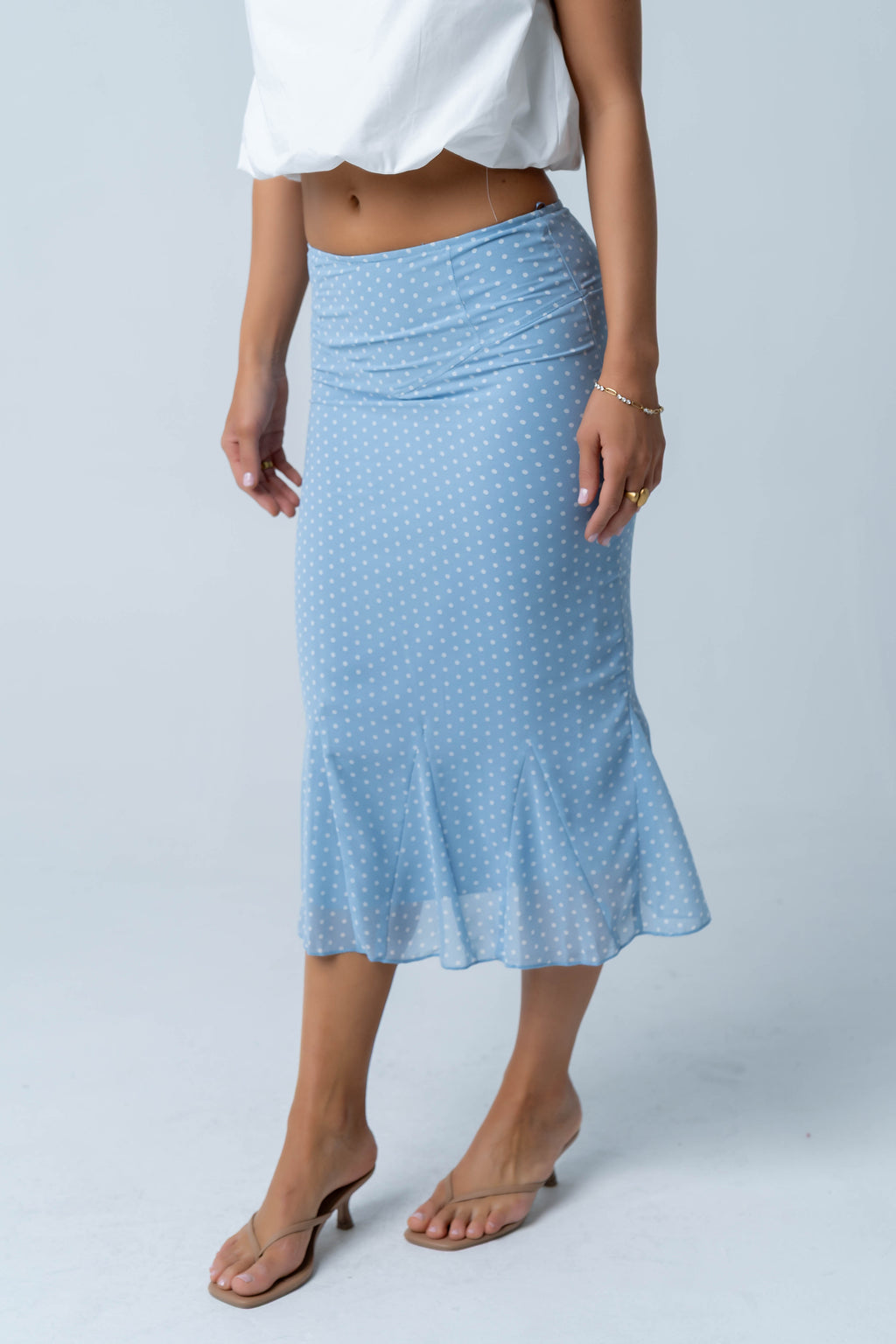 Gigi Polka Dot Midi Skirt in Blue