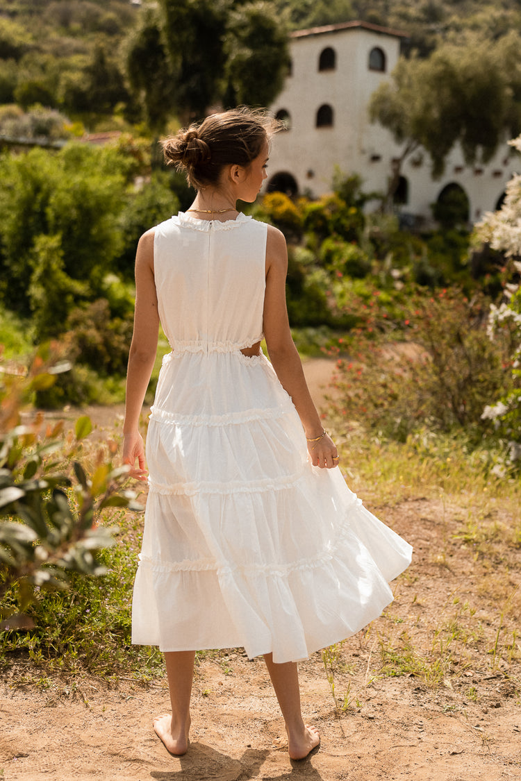 Tiered skirt midi dress in white 