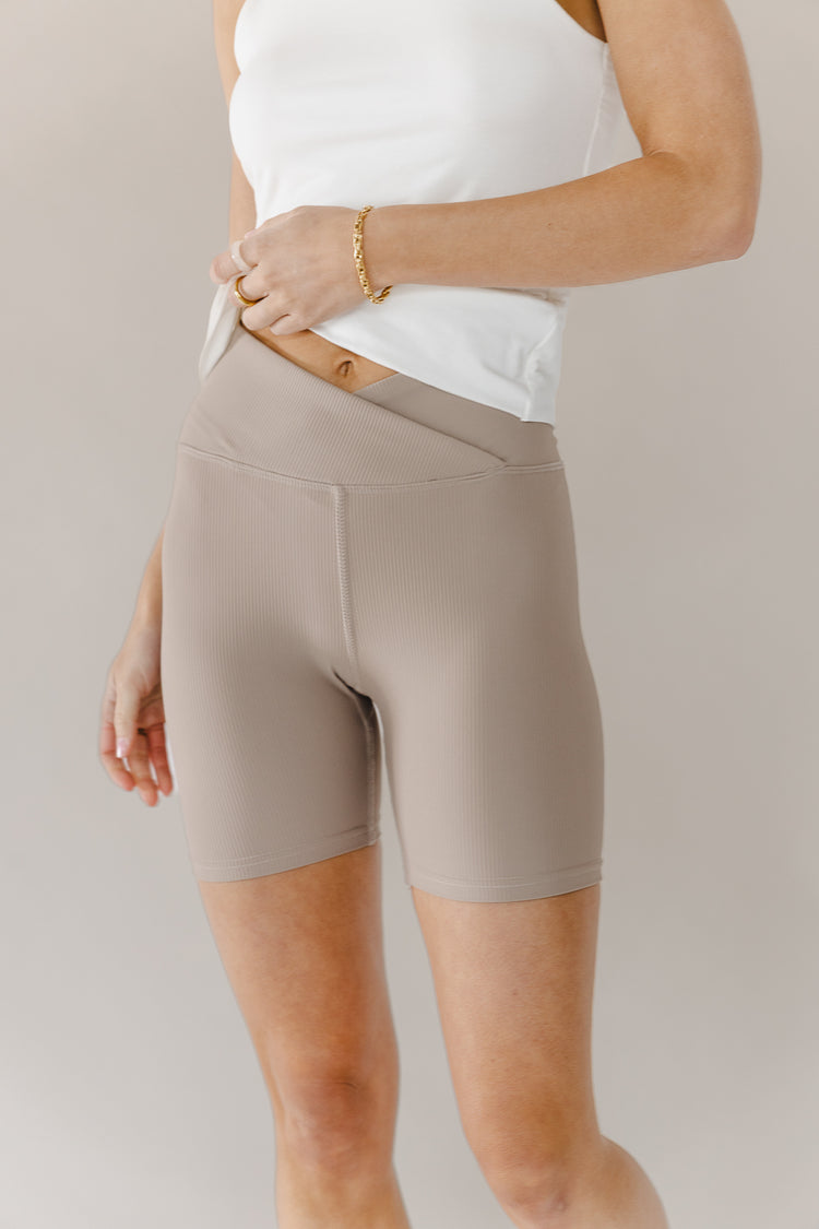 High rise ribbed biker short in taupe 