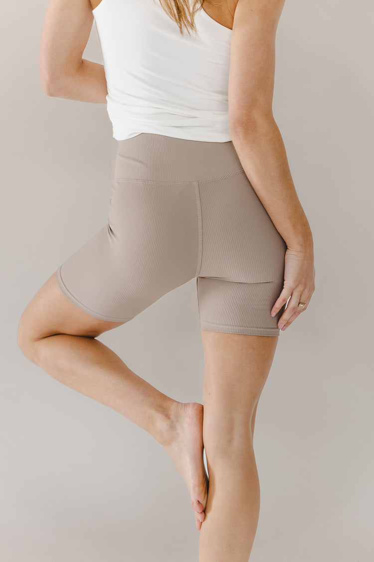 Knit ribbed biker shorts in taupe 