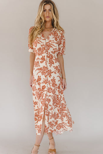 Lia Floral Midi Dress in Rust