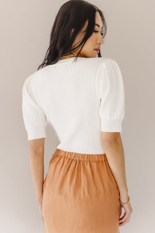 ribbed white top with puff sleeves