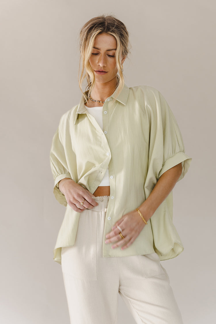 Button up in sage paired with a oatmeal bottom 