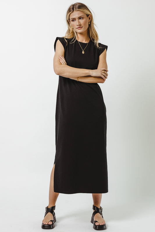 short sleeve black midi dress
