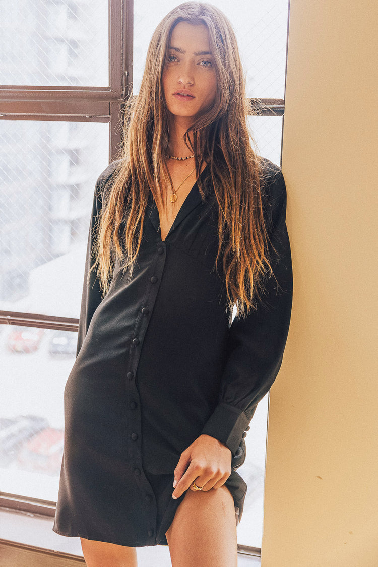 black long sleeve mini dress with buttons