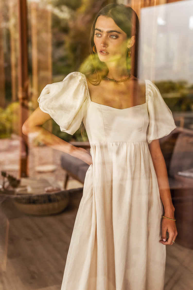 cream maxi dress, with puff sleeves 