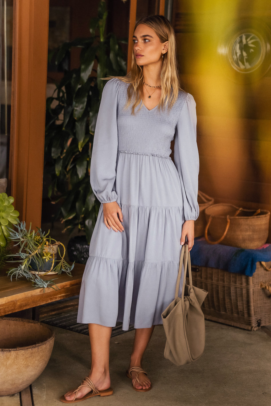 Smocked Tiered Midi Dress in Blue - FINAL SALE | böhme