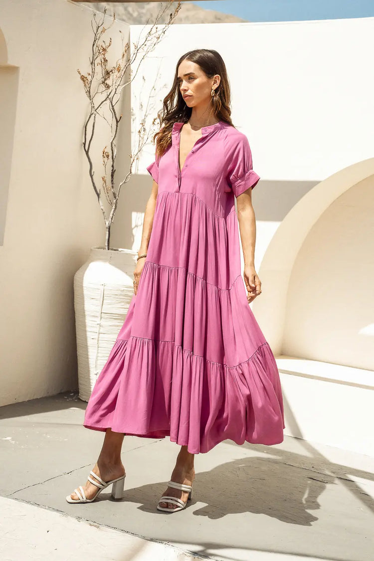 Tiered midi dress in orchid 